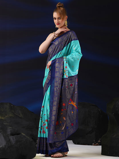 Women's Dola Silk Light Blue Printed Designer Saree With Blouse Piece