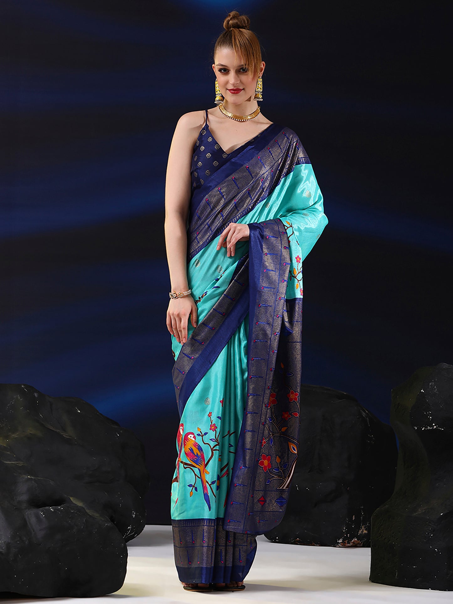 Women's Dola Silk Light Blue Printed Designer Saree With Blouse Piece