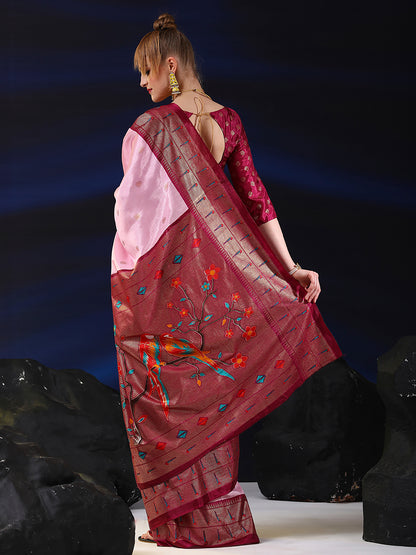 Women's Dola Silk Pink Printed Designer Saree With Blouse Piece