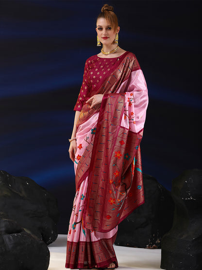 Women's Dola Silk Pink Printed Designer Saree With Blouse Piece
