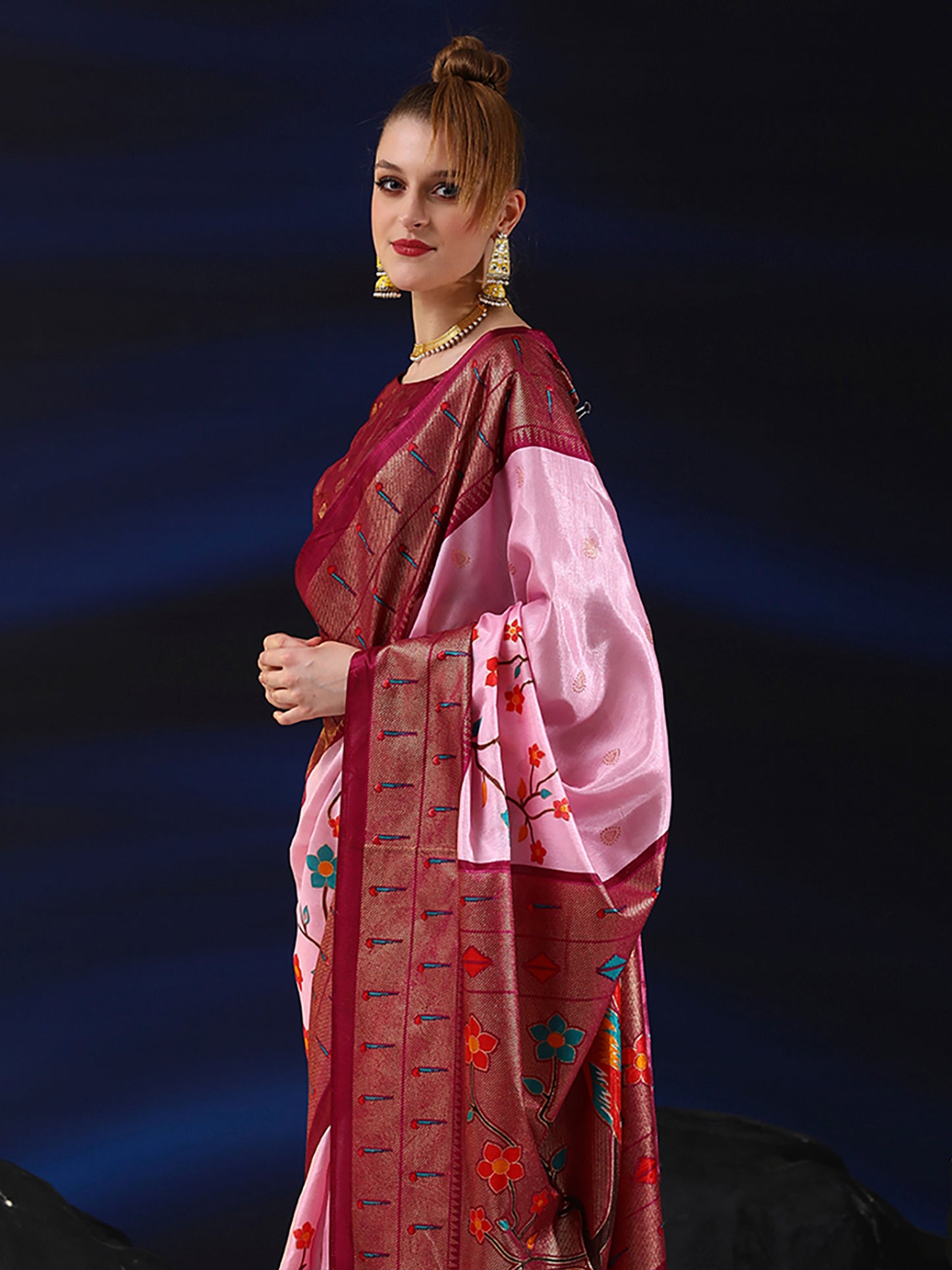 Women's Dola Silk Pink Printed Designer Saree With Blouse Piece