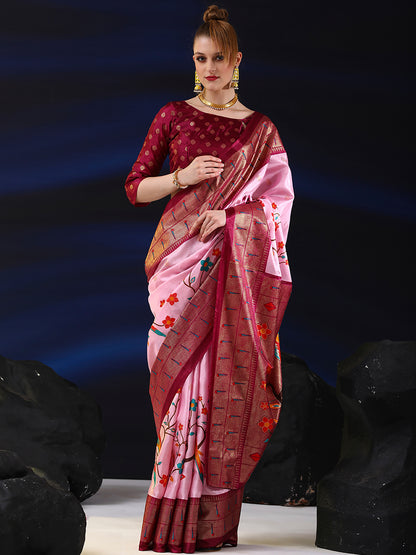 Women's Dola Silk Pink Printed Designer Saree With Blouse Piece