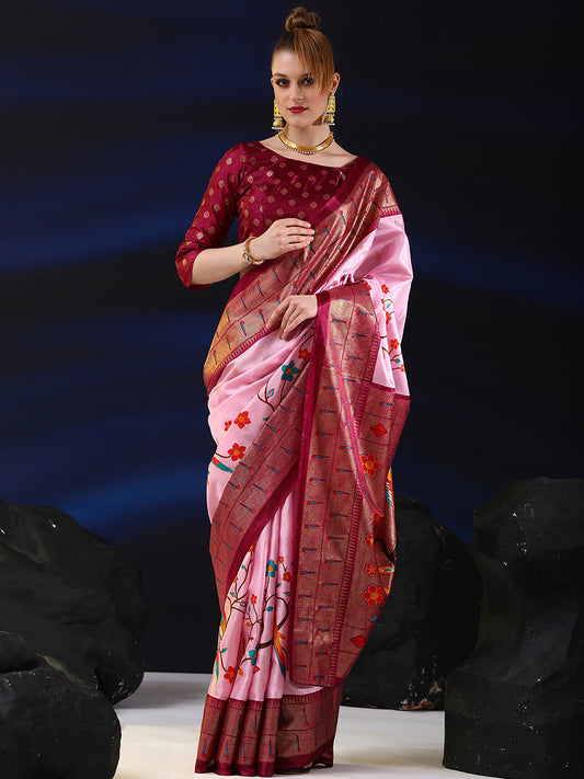 Women's Dola Silk Pink Printed Designer Saree With Blouse Piece