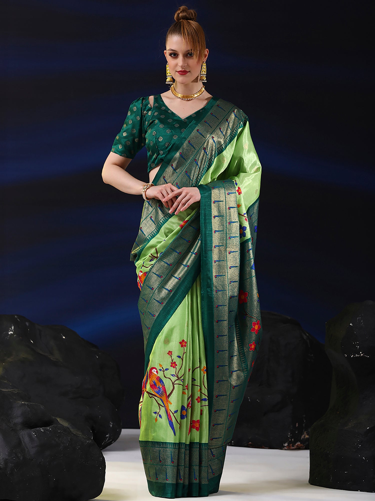 Women's Dola Silk Light Green Printed Designer Saree With Blouse Piece