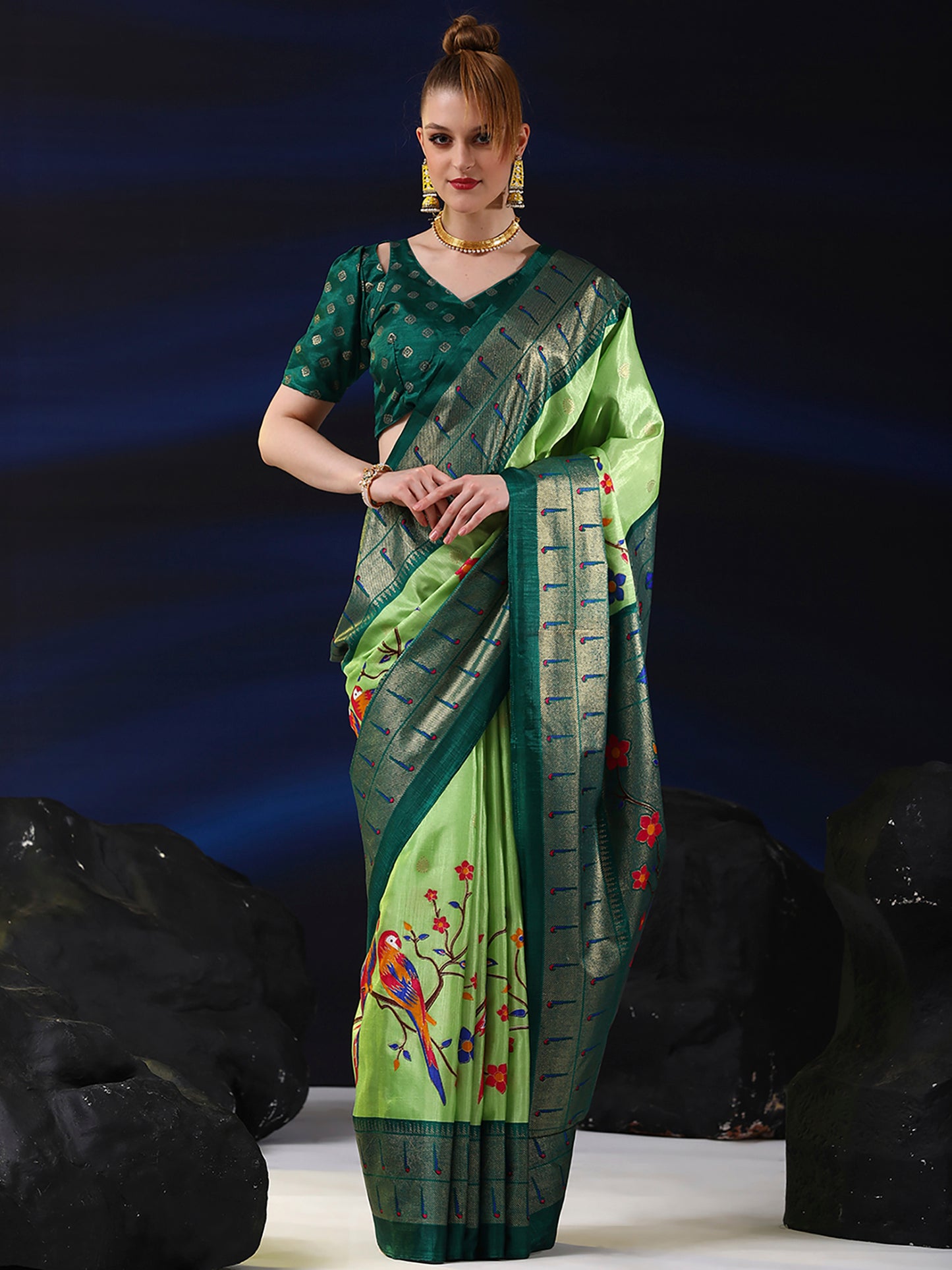 Women's Dola Silk Light Green Printed Designer Saree With Blouse Piece