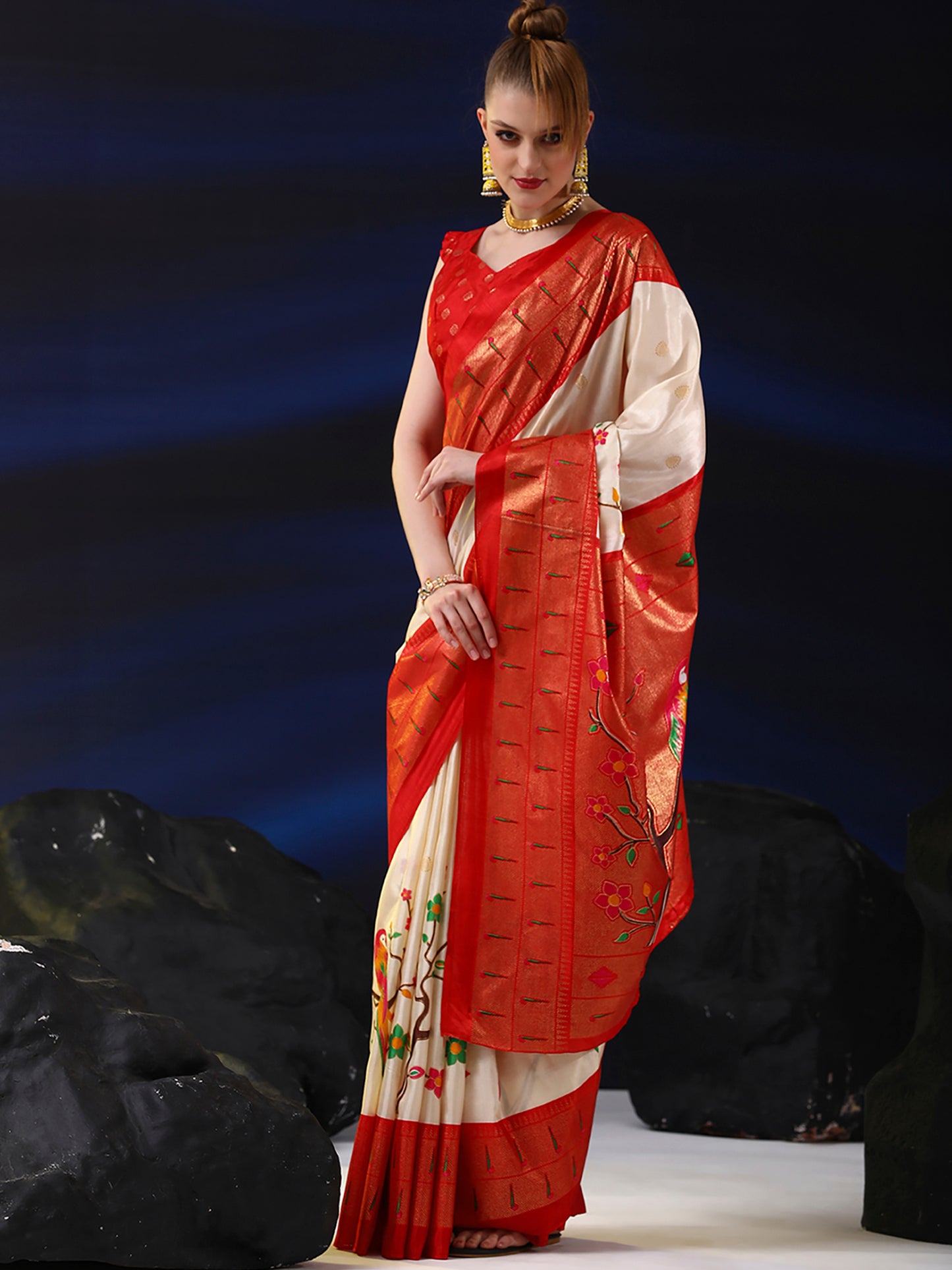 Women's Dola Silk Cream Printed Designer Saree With Blouse Piece