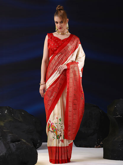Women's Dola Silk Cream Printed Designer Saree With Blouse Piece
