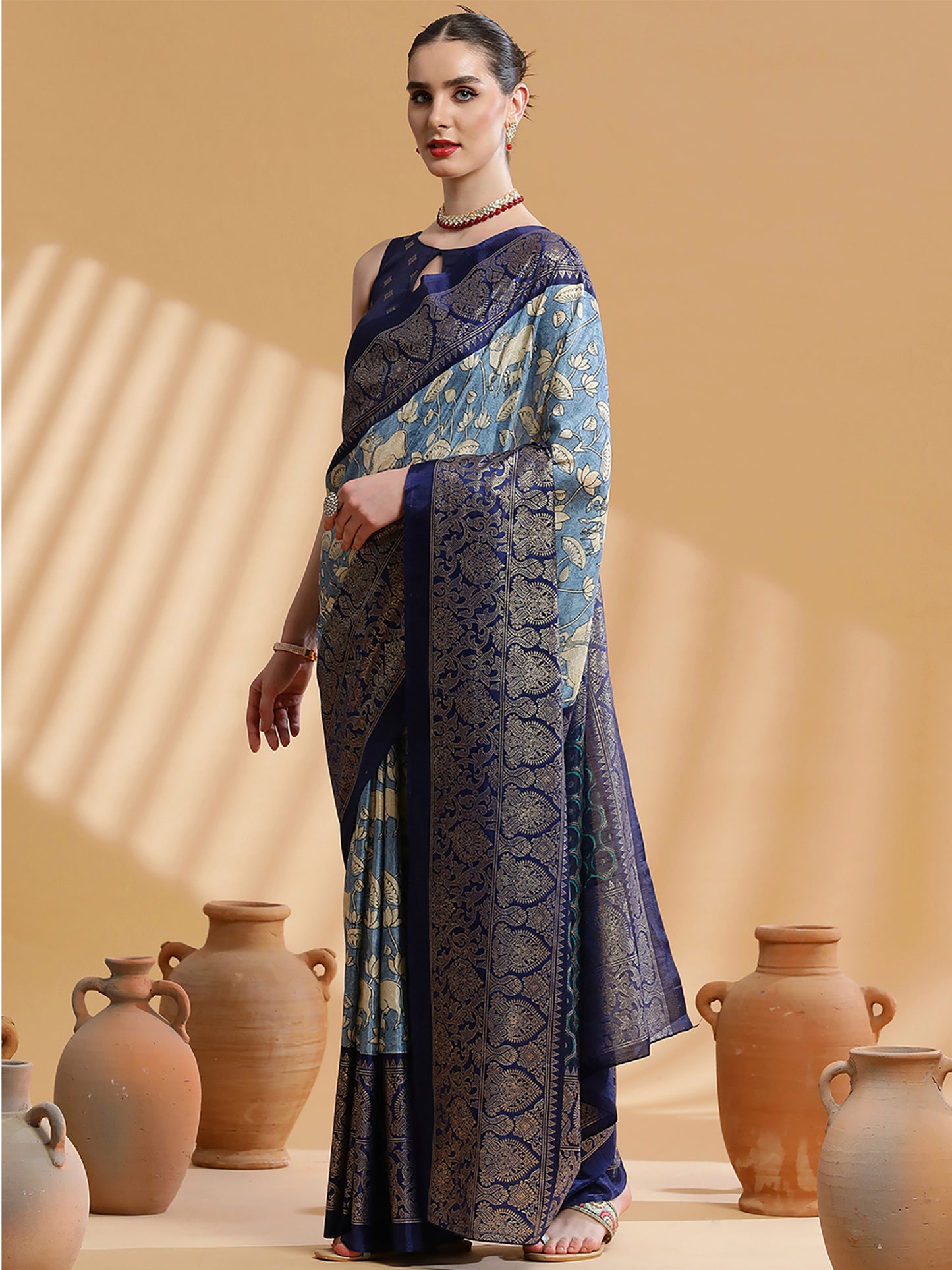 Women's Dola Silk Light Blue Printed Designer Saree With Blouse Piece