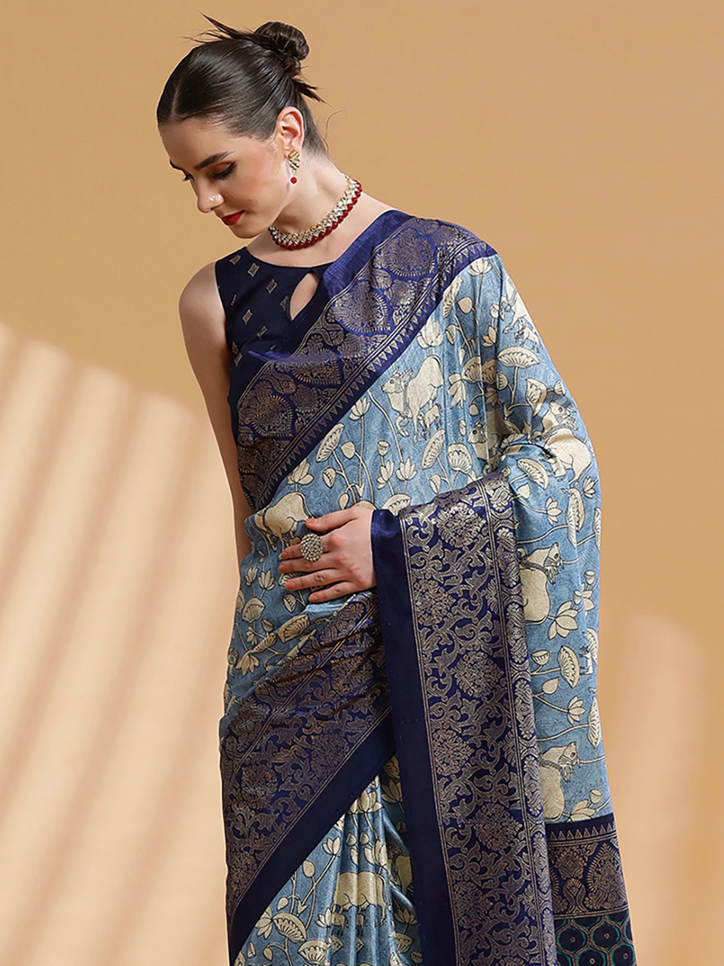 Women's Dola Silk Light Blue Printed Designer Saree With Blouse Piece