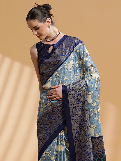 Women's Dola Silk Light Blue Printed Designer Saree With Blouse Piece