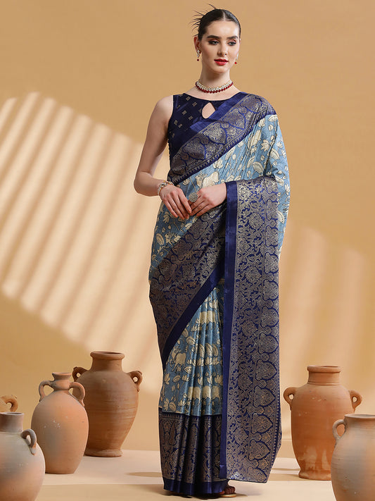 Women's Dola Silk Light Blue Printed Designer Saree With Blouse Piece