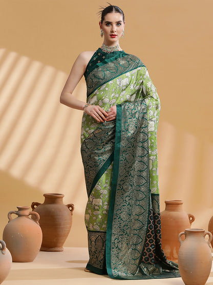 Women's Dola Silk Light Green Printed Designer Saree With Blouse Piece