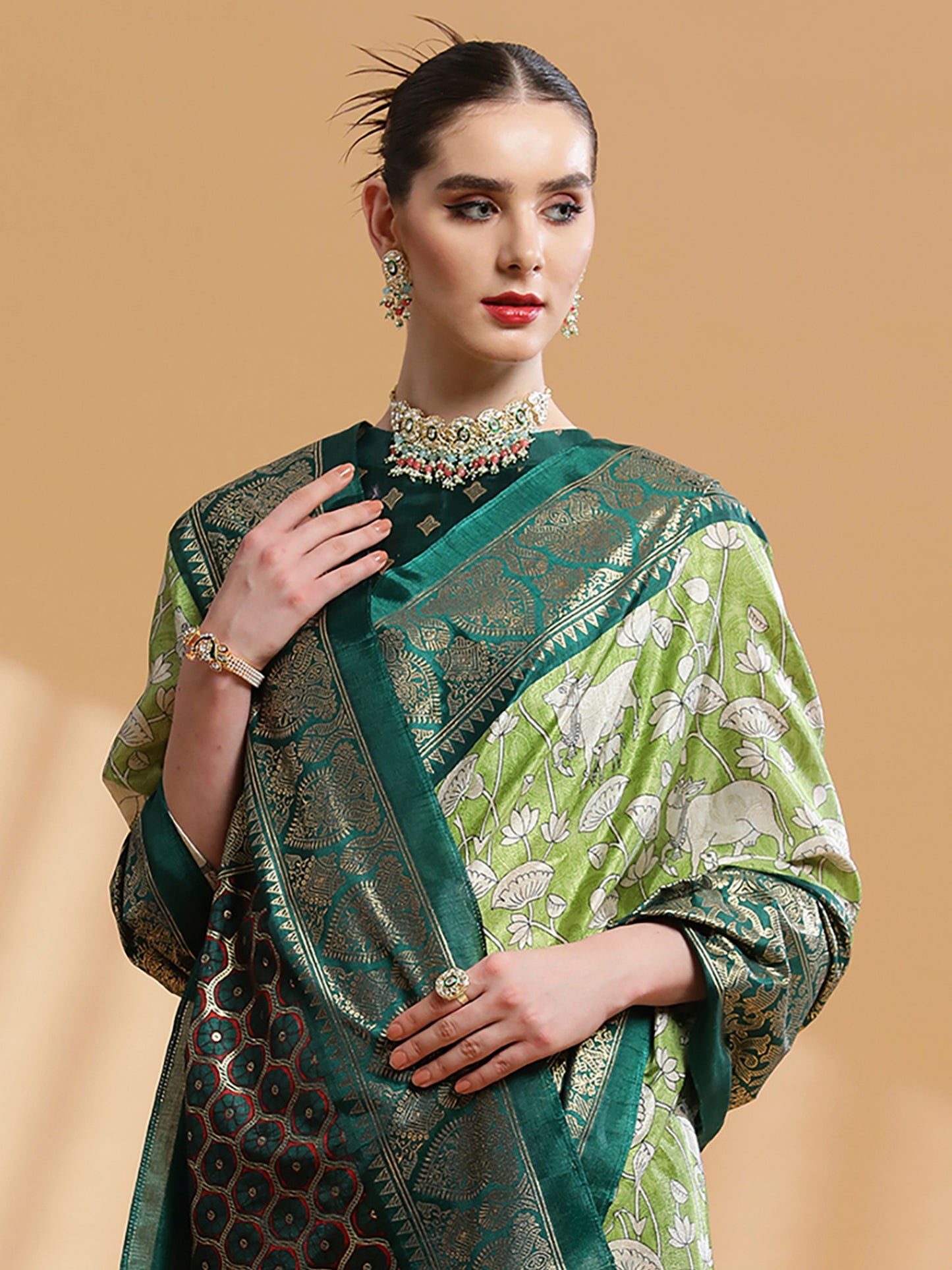 Women's Dola Silk Light Green Printed Designer Saree With Blouse Piece