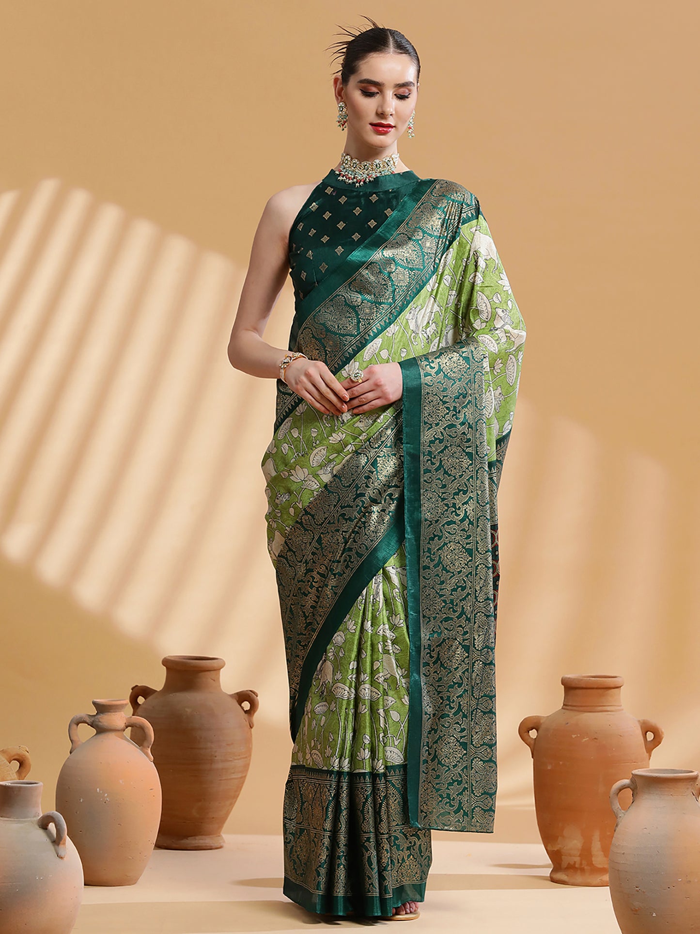 Women's Dola Silk Light Green Printed Designer Saree With Blouse Piece