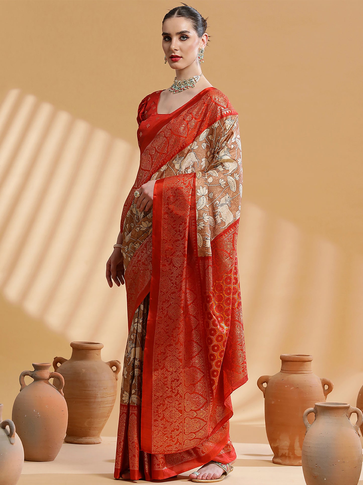 Women's Dola Silk Brown Printed Designer Saree With Blouse Piece