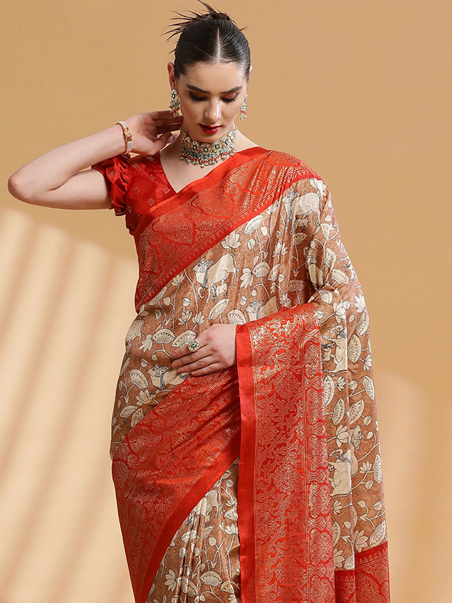 Women's Dola Silk Brown Printed Designer Saree With Blouse Piece