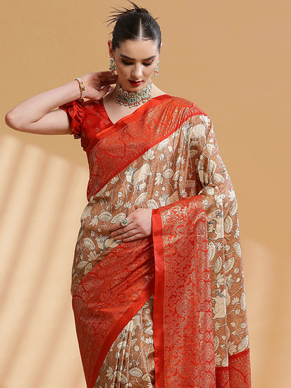 Women's Dola Silk Brown Printed Designer Saree With Blouse Piece