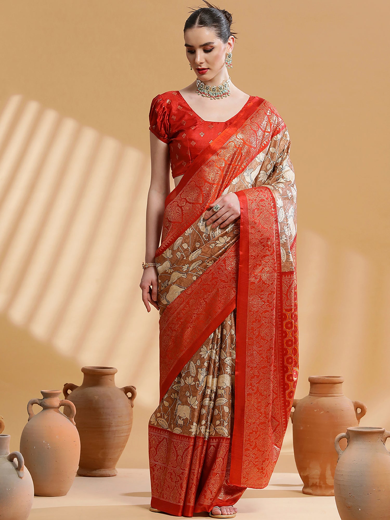 Women's Dola Silk Brown Printed Designer Saree With Blouse Piece