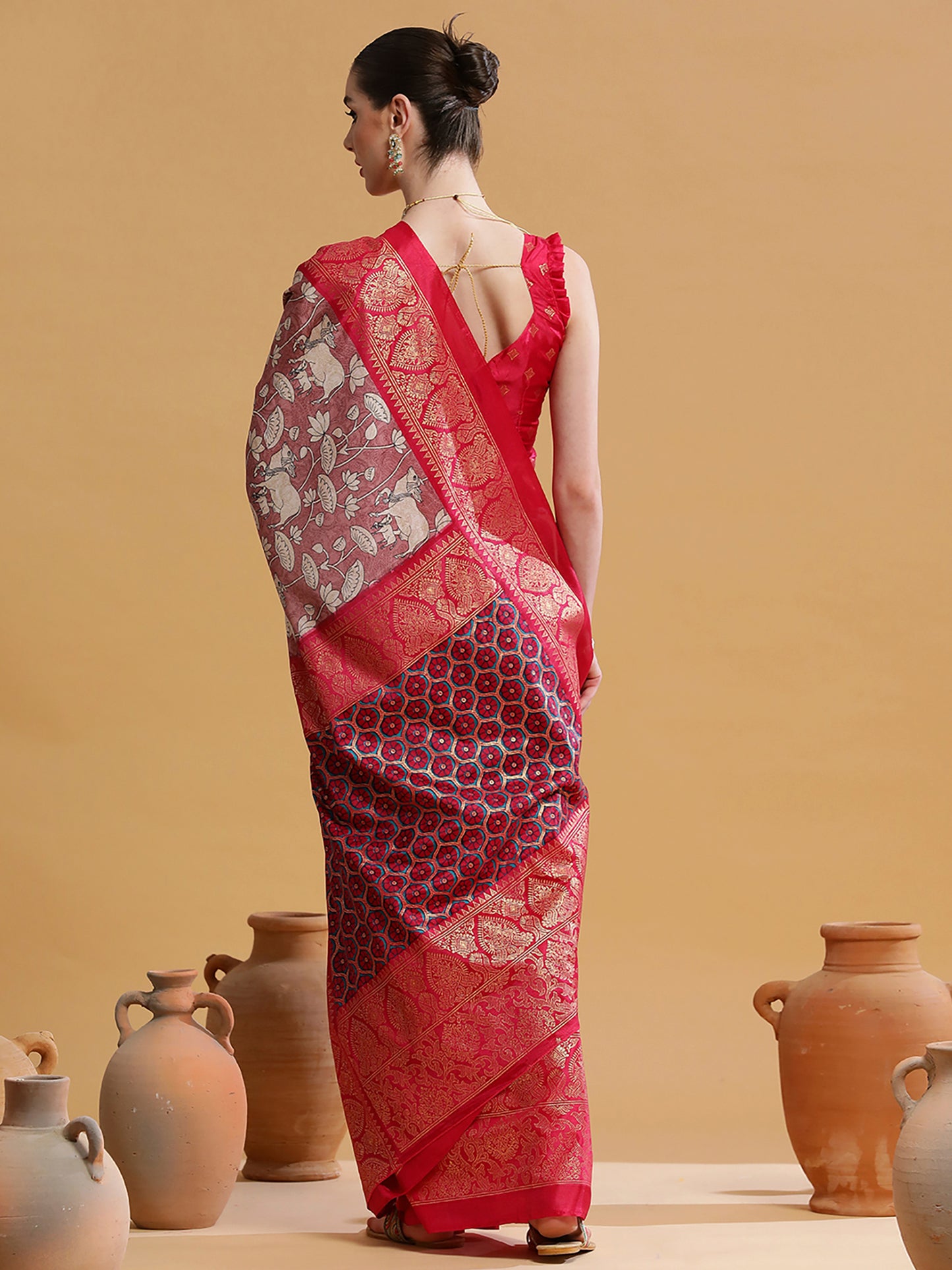 Women's Dola Silk Burgundy Printed Designer Saree With Blouse Piece