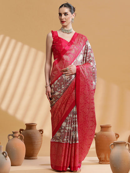 Women's Dola Silk Burgundy Printed Designer Saree With Blouse Piece