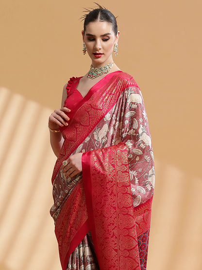 Women's Dola Silk Burgundy Printed Designer Saree With Blouse Piece