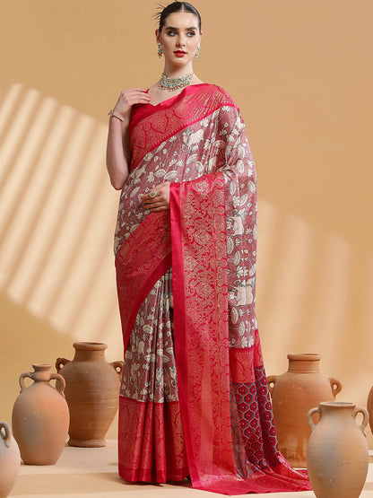 Women's Dola Silk Burgundy Printed Designer Saree With Blouse Piece