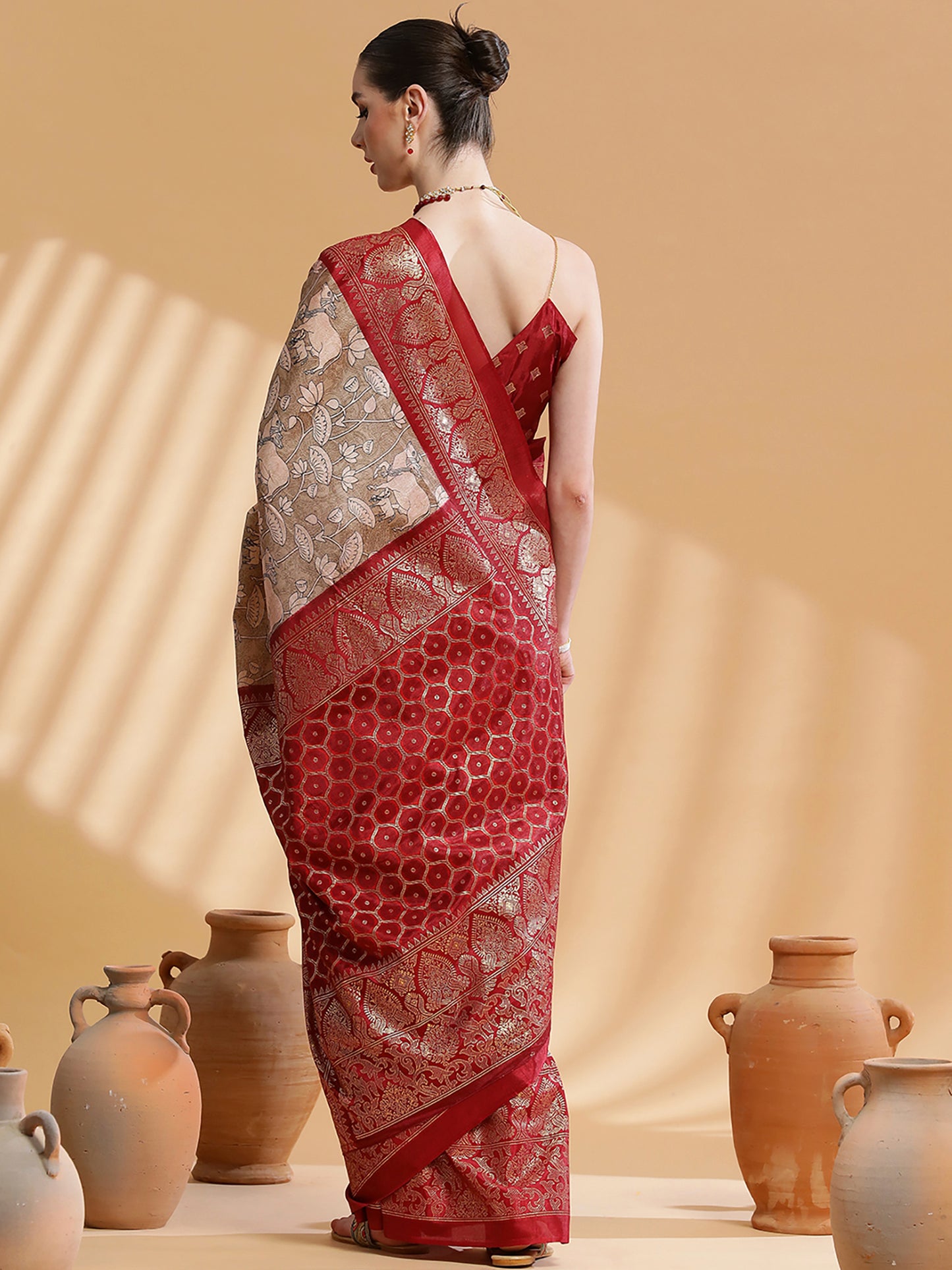 Women's Dola Silk Camel Brown Printed Designer Saree With Blouse Piece