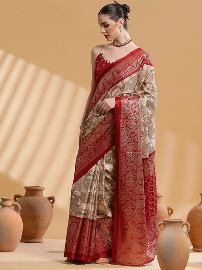 Women's Dola Silk Camel Brown Printed Designer Saree With Blouse Piece