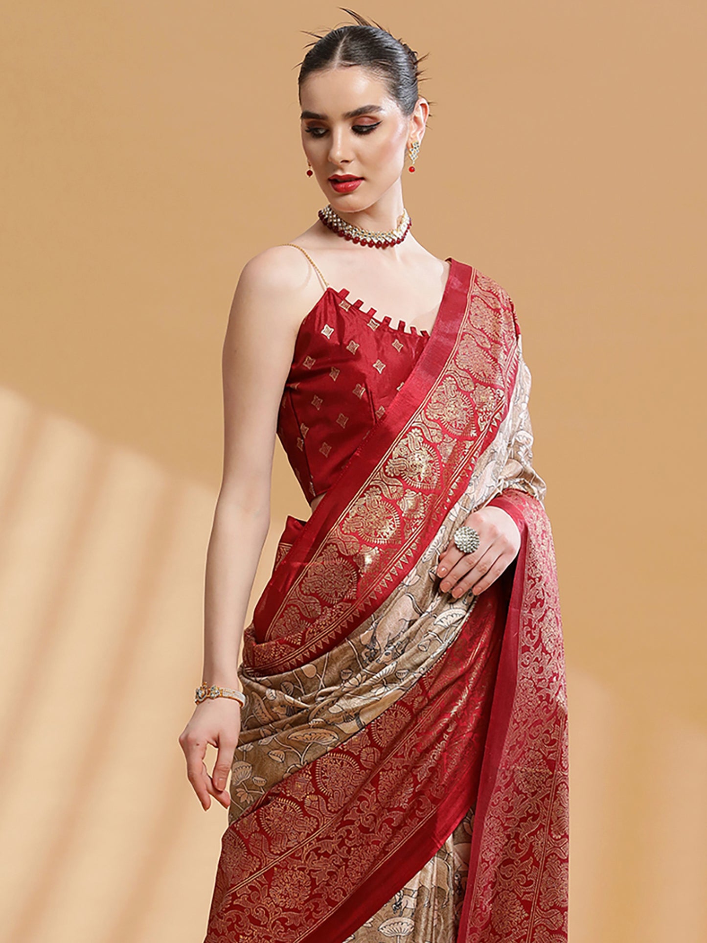 Women's Dola Silk Camel Brown Printed Designer Saree With Blouse Piece