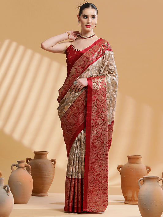 Women's Dola Silk Camel Brown Printed Designer Saree With Blouse Piece
