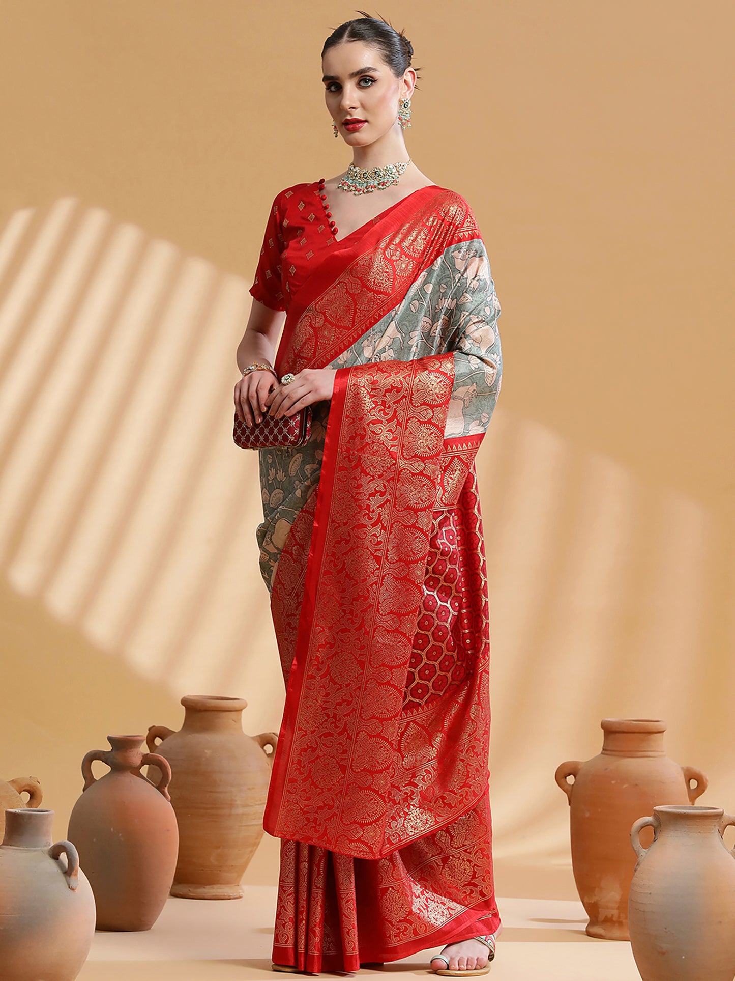 Women's Dola Silk Sea Green Printed Designer Saree With Blouse Piece