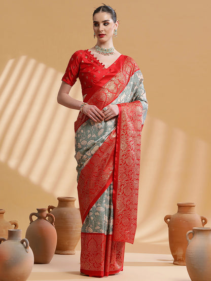 Women's Dola Silk Sea Green Printed Designer Saree With Blouse Piece