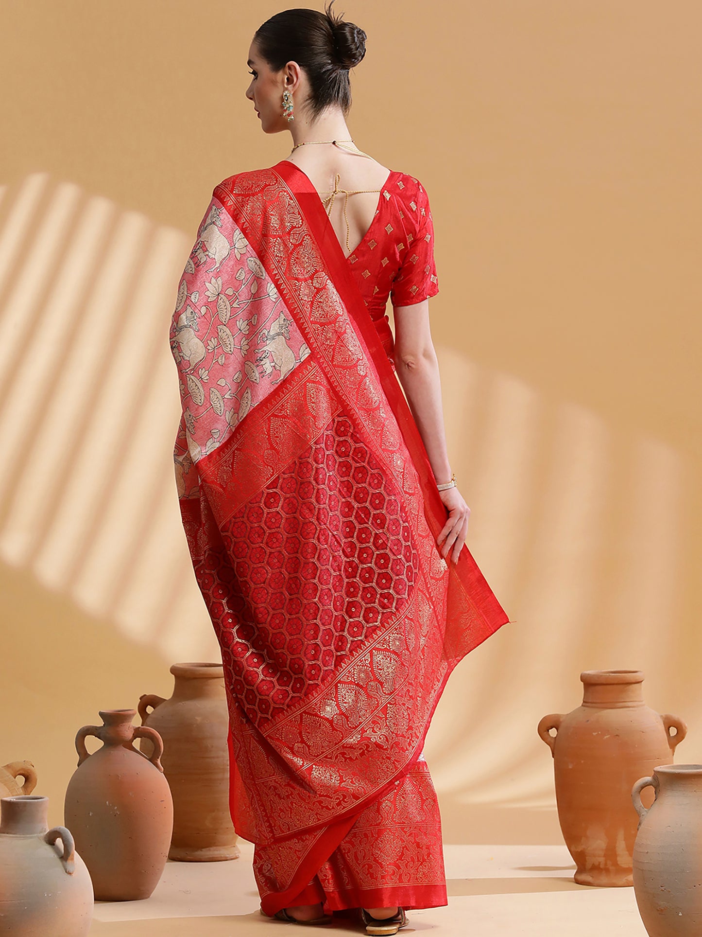 Women's Dola Silk Red Printed Designer Saree With Blouse Piece