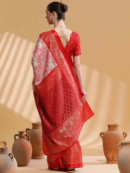 Women's Dola Silk Red Printed Designer Saree With Blouse Piece