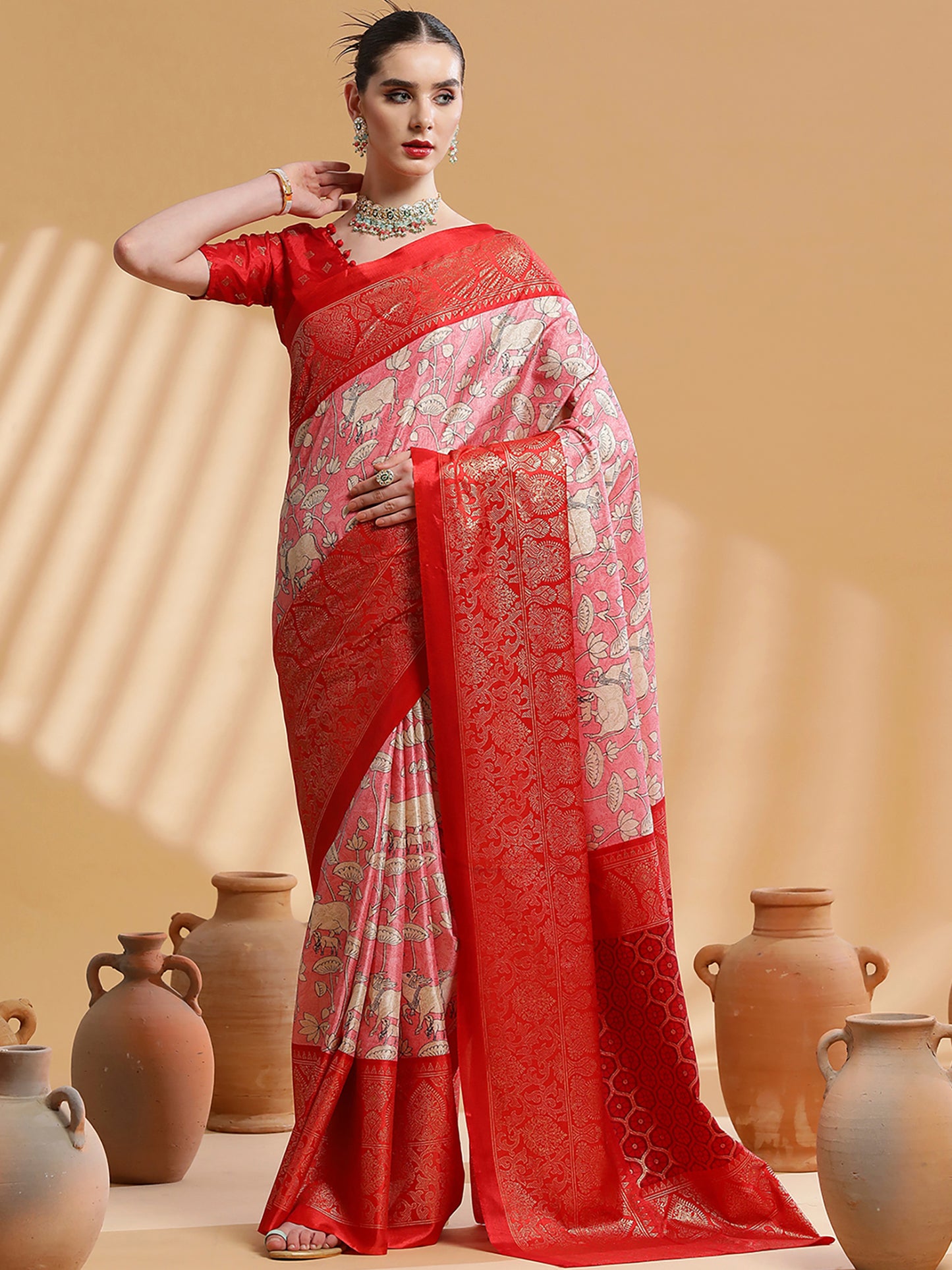 Women's Dola Silk Red Printed Designer Saree With Blouse Piece