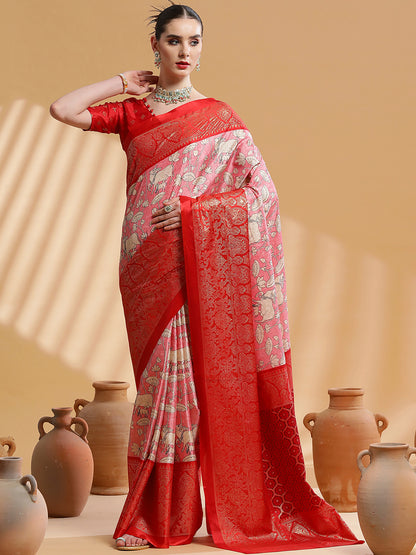 Women's Dola Silk Red Printed Designer Saree With Blouse Piece