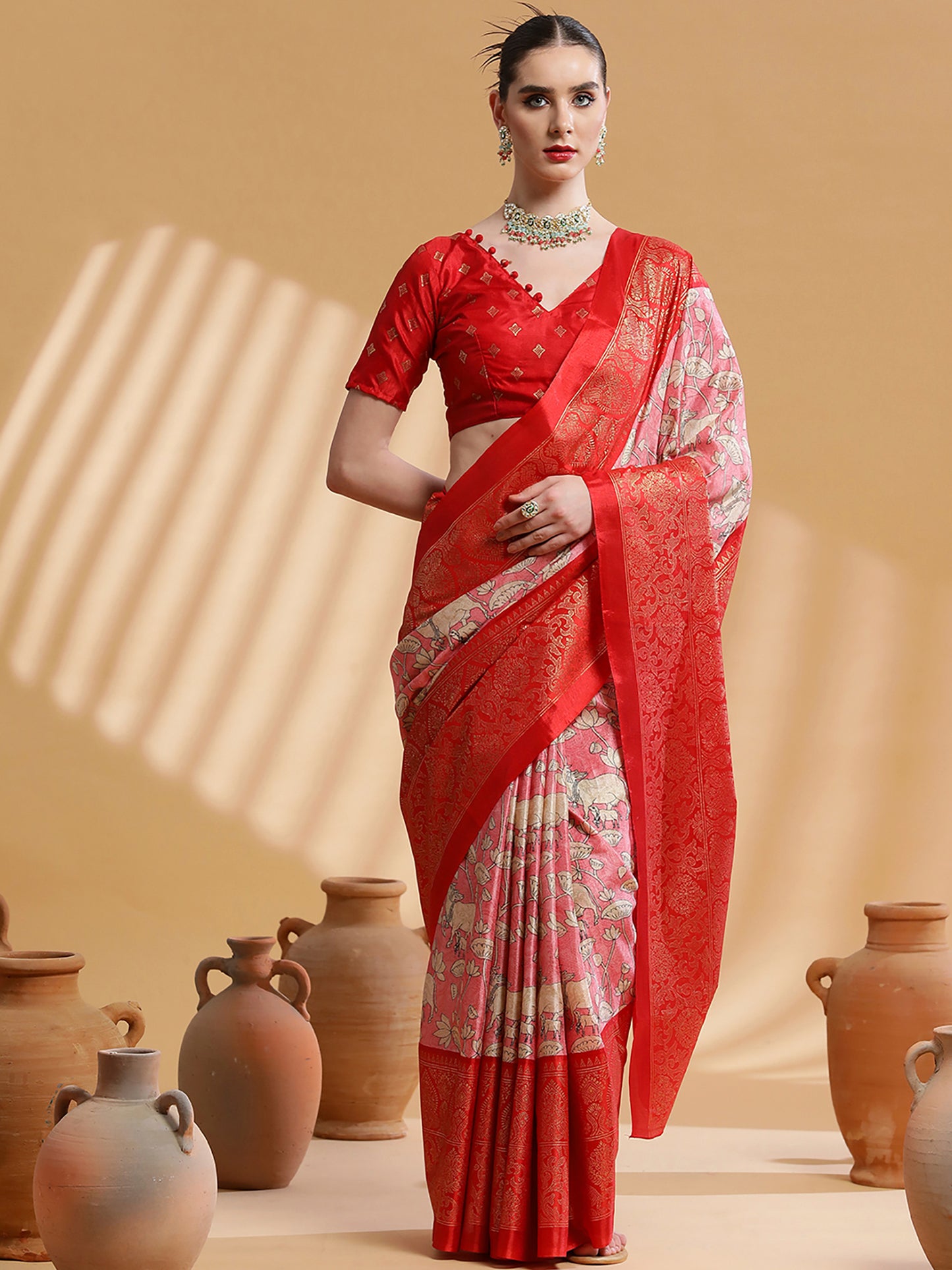 Women's Dola Silk Red Printed Designer Saree With Blouse Piece