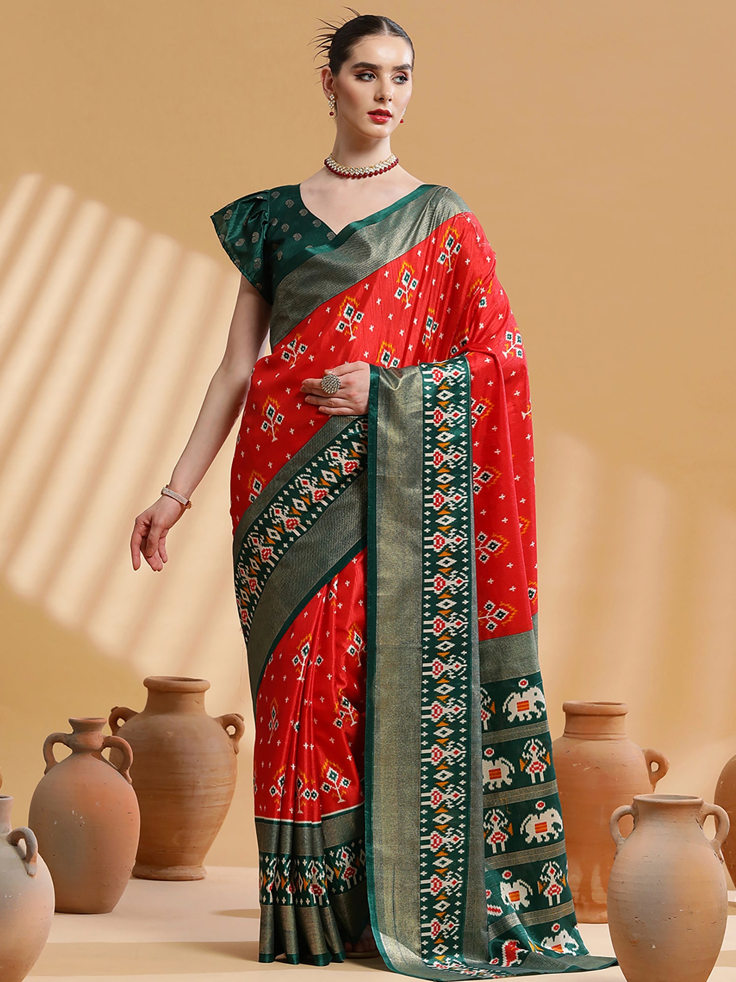 Women's Dola Silk Red Printed Designer Saree With Blouse Piece