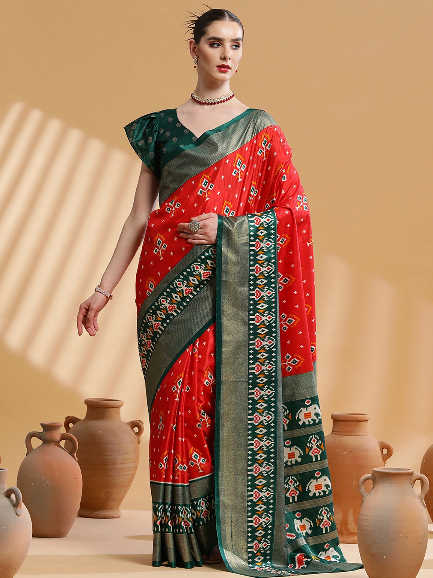 Women's Dola Silk Red Printed Designer Saree With Blouse Piece