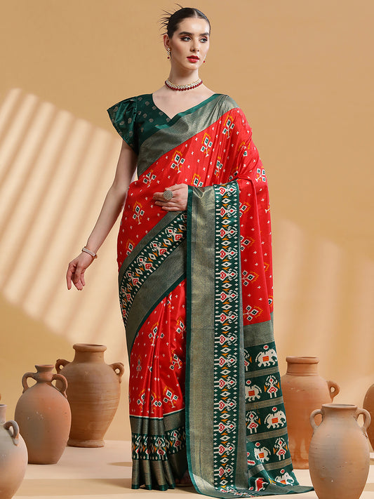 Women's Dola Silk Red Printed Designer Saree With Blouse Piece