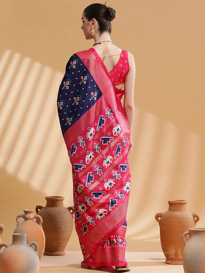 Women's Dola Silk Navy Blue Printed Designer Saree With Blouse Piece