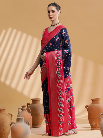 Women's Dola Silk Navy Blue Printed Designer Saree With Blouse Piece
