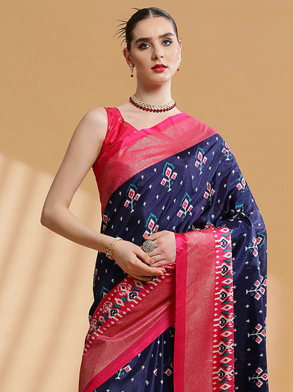 Women's Dola Silk Navy Blue Printed Designer Saree With Blouse Piece