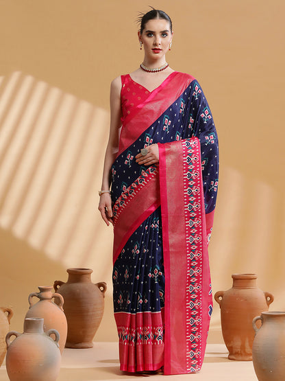 Women's Dola Silk Navy Blue Printed Designer Saree With Blouse Piece