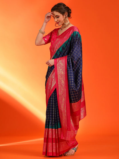 Women's Dola Silk Navy Blue Printed Designer Saree With Blouse Piece