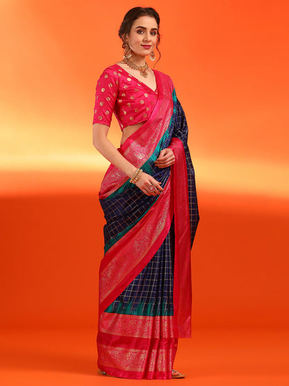 Women's Dola Silk Navy Blue Printed Designer Saree With Blouse Piece