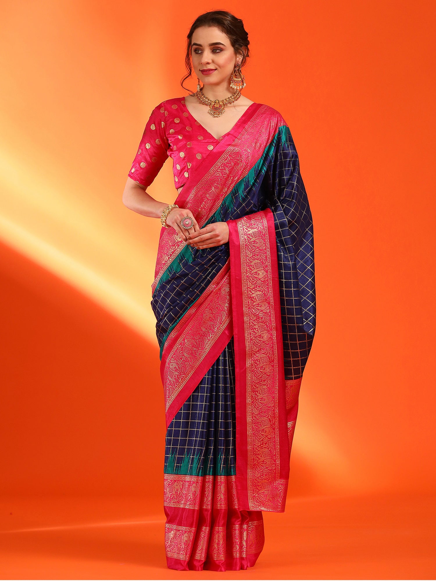 Women's Dola Silk Navy Blue Printed Designer Saree With Blouse Piece