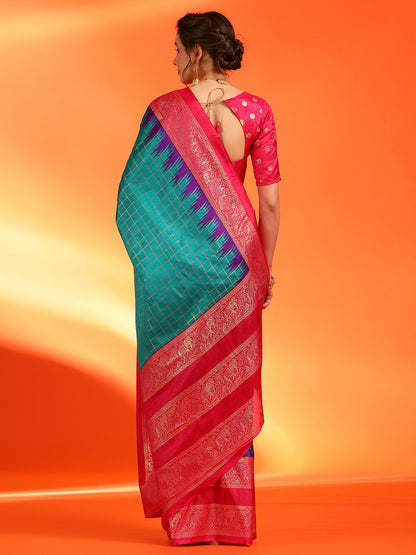 Women's Dola Silk Teal blue Printed Designer Saree With Blouse Piece