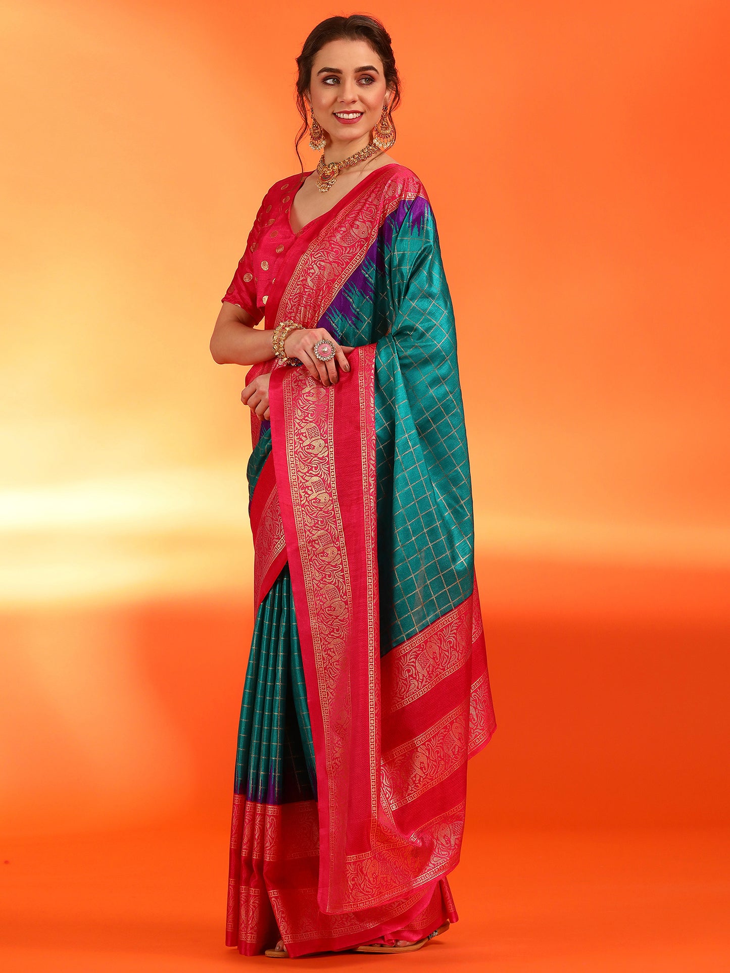 Women's Dola Silk Teal blue Printed Designer Saree With Blouse Piece