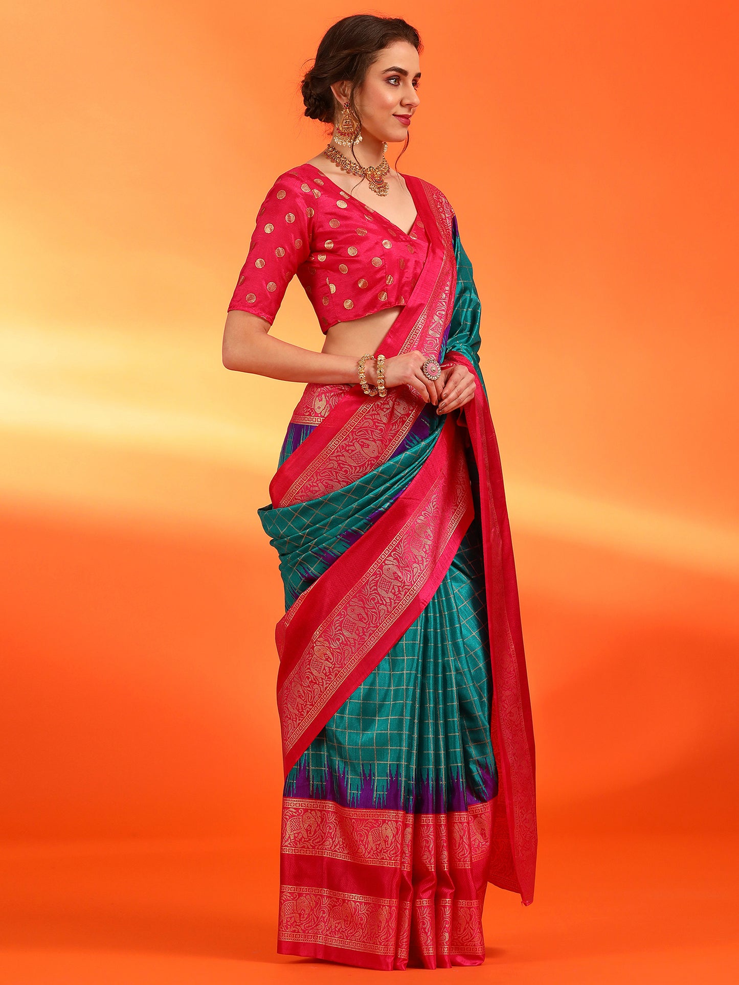 Women's Dola Silk Teal blue Printed Designer Saree With Blouse Piece